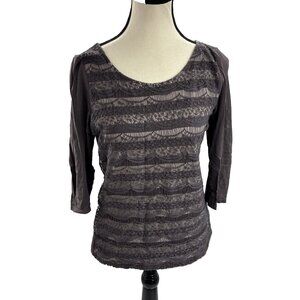 Loft Womens Size XXS Top Gray Lace Striped 3/4 Sleeve Casual Blouse